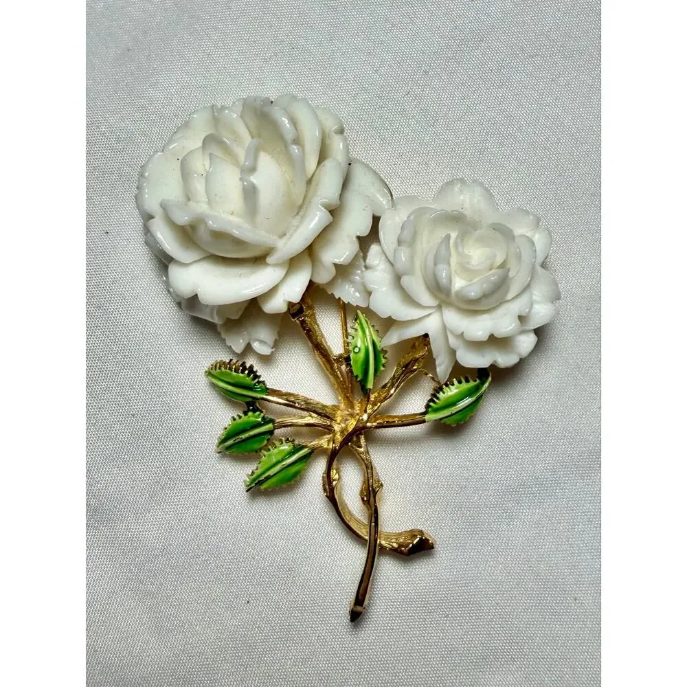 Vintage FELI White Rose Floral Brooch Gold Tone Enamel Leaves